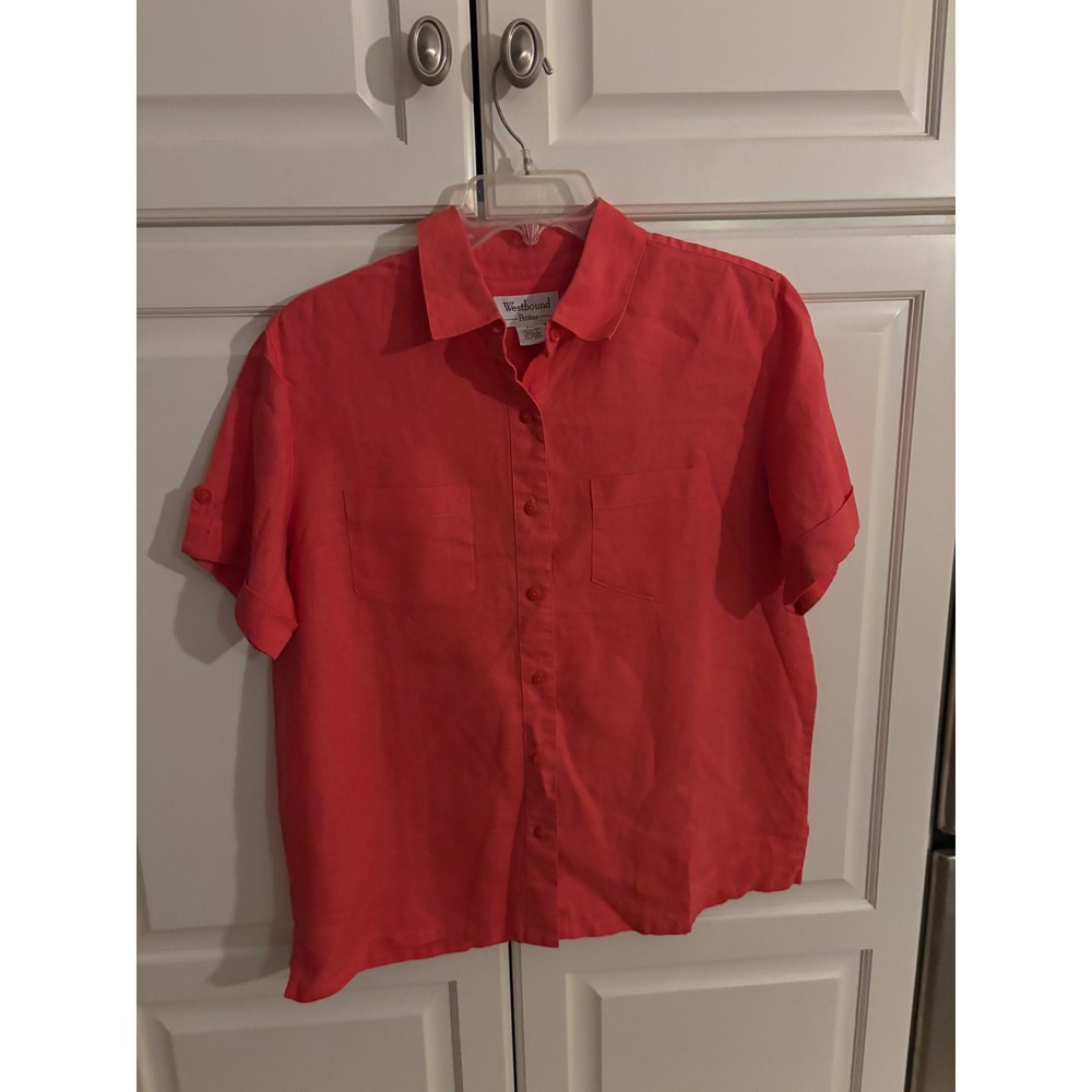 Westbound Petites Coral Red 100% Linen Short Sleeve Button Down Shirt PM